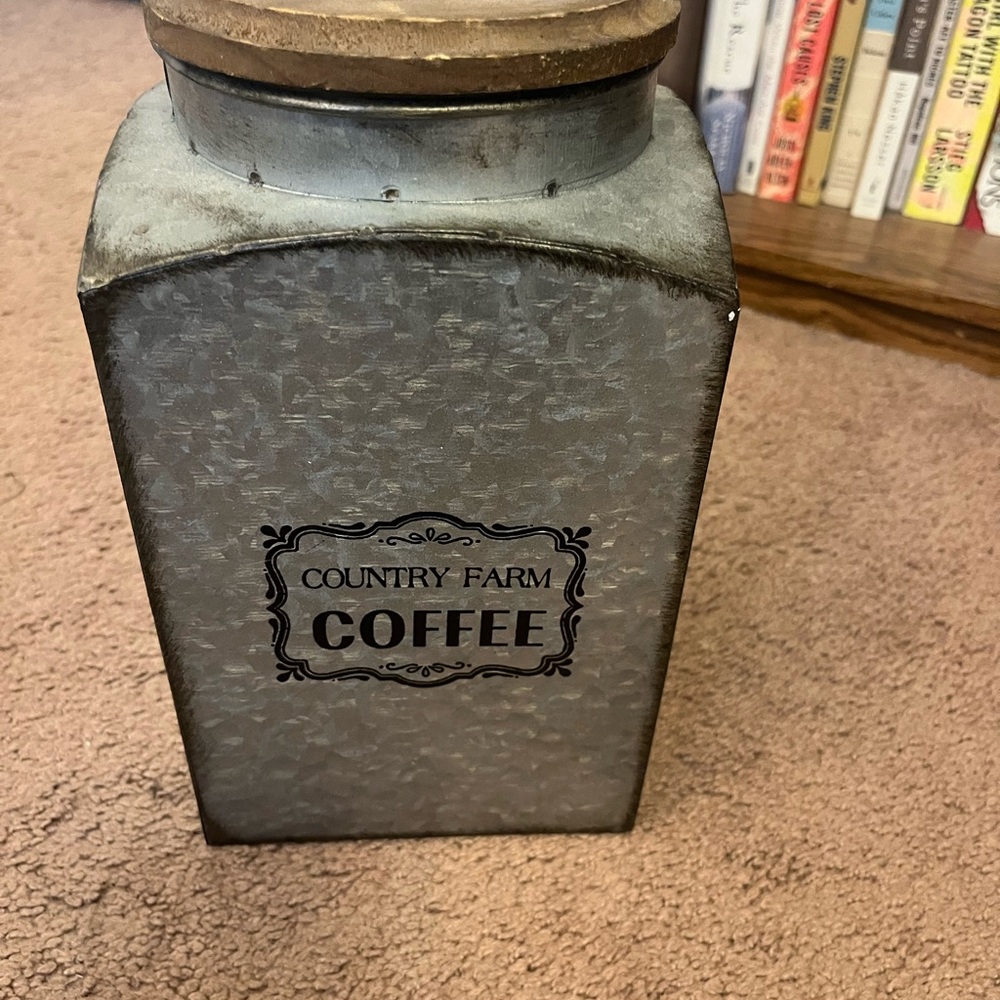 Coffee Tin Canister - Gray Metal with Wood Lid country farm decor or kitchen use